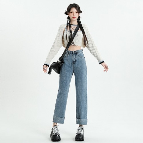 High Waist Straight Leg Roll Up Hem Jeans